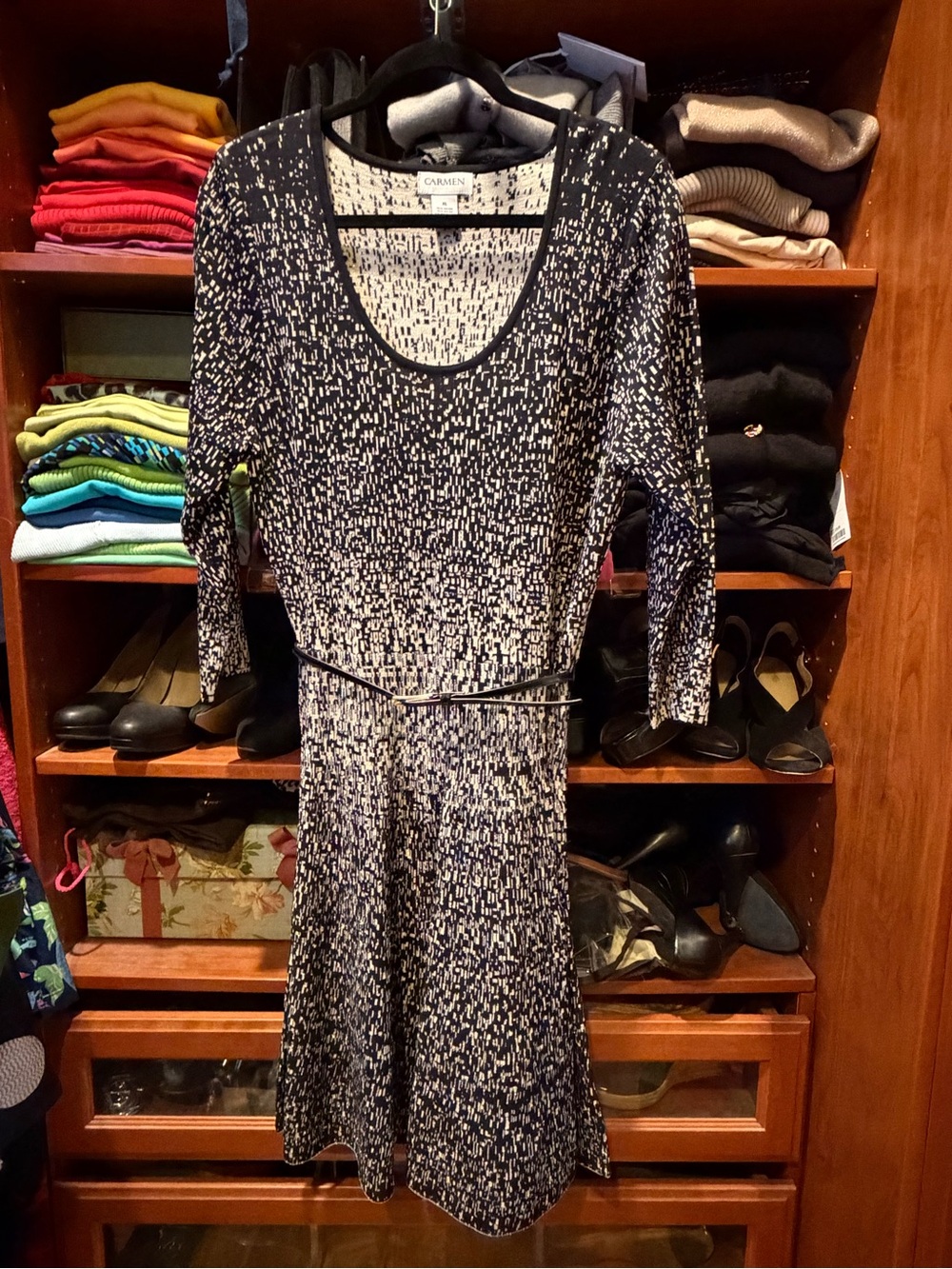 Carmen Marc Valvo Black & White Patterned Knit Dress with Gold Thread Accents.